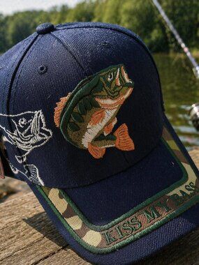 Bass Fishing Embroidered Kiss My Bass Strapback Hat Adult Adjustable Blue NWT